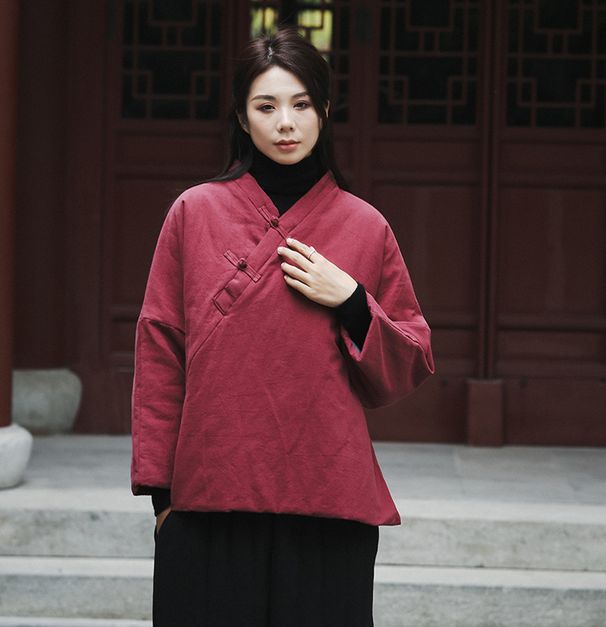 girl Vintage Linen Women's Clothing Sand Washed Ramie Thickened Short Cotton Coat With Side Buttons 3_ecoleips.com