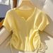 Women's Yellow Drawstring Cardigan Short Sleeve Ice Silk Knit T-Shirt Summer Korean Style Chic Top_ecoleips.com