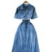 Women's Clothing Short Sleeved Denim Dress Retro Polo Collar Single Breasted Waisted Mid Length Skirt_ecoleips.com