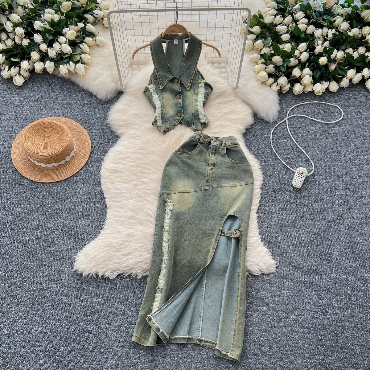 Women's Clothing Retro Halterneck Sleeveless Lapel Raw Edge Denim Top Two Piece Set Slit Slim Skirt_ecoleips.com