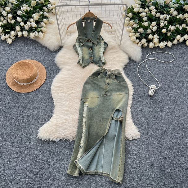 Women's Clothing Retro Halterneck Sleeveless Lapel Raw Edge Denim Top Two Piece Set Slit Slim Skirt_ecoleips.com
