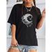 Women's Clothing Women's Casual Black T-Shirt Round Neck Short Sleeve Moon Print Simple Sports Top Style Loose Fit_ecoleips.com