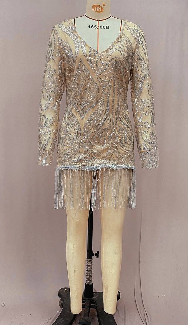 Women's Clothing Temperament Commuter Midi Dress Pure Gold Sprinkled Gold Midi Waist Waist Tassel Short Dress_ecoleips.com