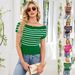 Women's Spring/Summer Off-Shoulder Knit Top Short Sleeve Button Decorated Striped Cover-Up Casual Tees In Multiple Colors_ecoleips.com