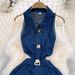 Women's Clothing Retro Lapel Hollow Waist Exposed Waist Slimming Sleeveless Single Breasted A Line Slit Denim Dress Casual Long Skirt_ecoleips.com