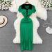 Women's Clothing Contrasting Color Polo Collar Dress Summer Women's Chic And Stunning Knitted Hip Hugging Long Skirt_ecoleips.com