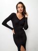 "Elegant High-Slit Bodycon Knit Dress – V-Neck Long Sleeve Stretch Midi (4 Colors, One-Size Fits US 4-10)"_ecoleips.com