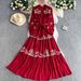 Women's Retro Style Embroidered Round Neck Dress Sweet Tie Waist Slimming Ruffled Long Skirt Spring Autumn_ecoleips.com