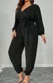 Curvy Women Solid Surplice Neck Jumpsuit, Long Sleeve Elastic Ankle Cuffs Waist Belt Elegant Autumn Casual Romper_ecoleips.com