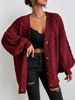 Vintage Cable-Knit Cardigan – Oversized V-Neck Sweater With Puff Sleeves For Women (Dark Brown/Cream/Black, S-XL)_ecoleips.com