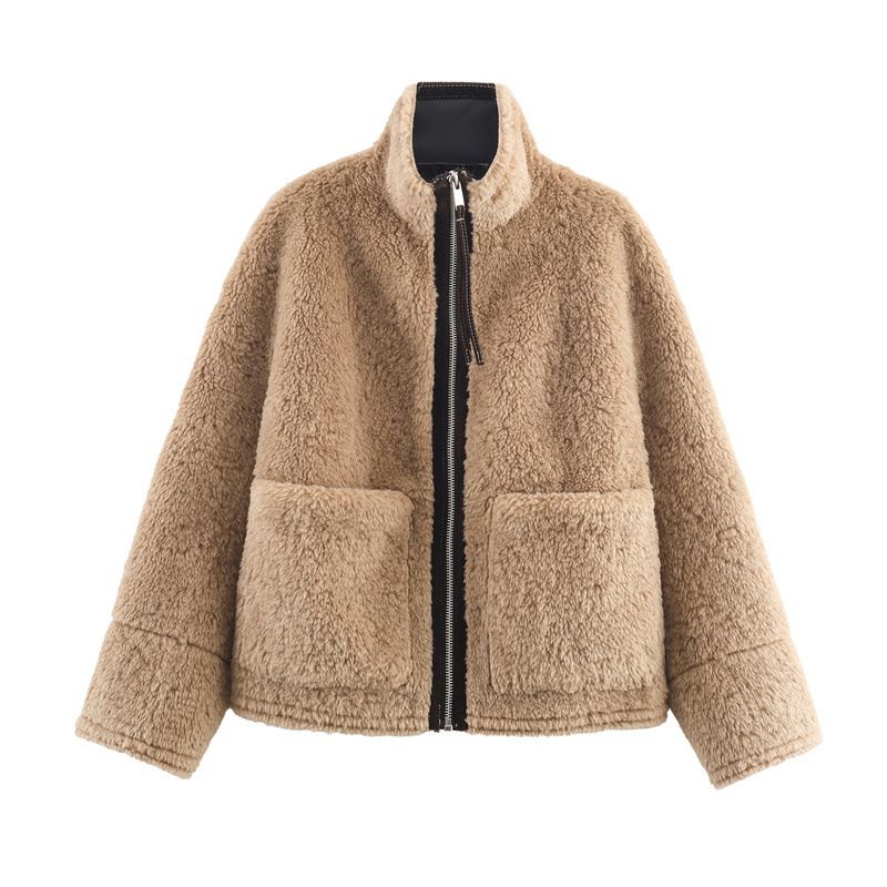 Women's High Neck Long Sleeve Fur Coat Casual Office Lady Street Style Versatile Coat With Pockets_ecoleips.com