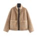 Women's High Neck Long Sleeve Fur Coat Casual Office Lady Street Style Versatile Coat With Pockets_ecoleips.com