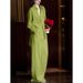 Women's Clothing Women's Lazy Relaxed Two Piece Suit Green Imitation Linen High End Style Wide Leg Pants Shirt Summer_ecoleips.com