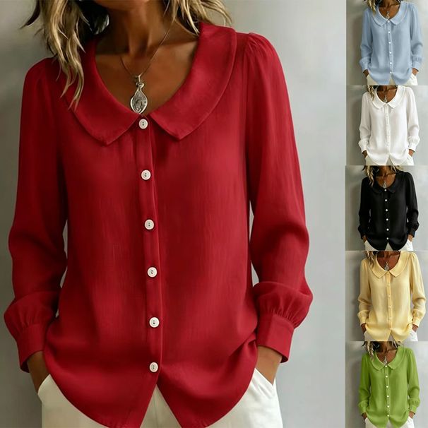 Women's Long Sleeve V Neck Linen Shirt Loose Fit All Seasons European American Style Commuter Top_ecoleips.com