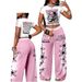 Women's Style Printed Two Piece Set Cropped Short Sleeved Wide Leg Pants Tight Fitting Sexy Top Set_ecoleips.com