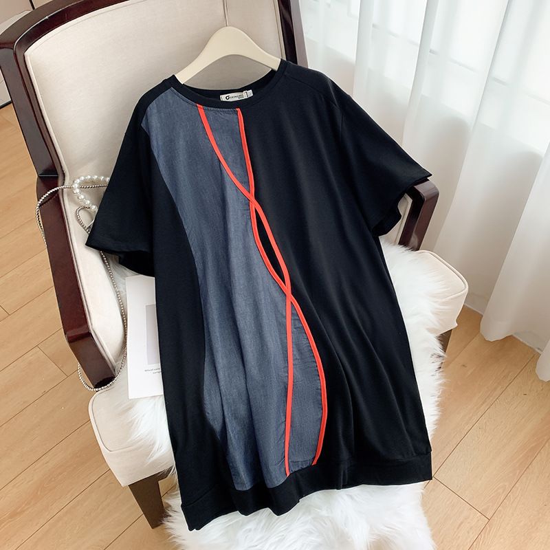Women's Clothing Plus Size Women's Contrast Color Stitching Ribbon Round Neck Short Sleeve T Shirt MD2584_ecoleips.com