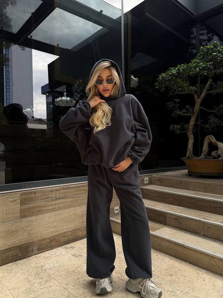 Casual European And American Fleece Women's Suit Loose Long-sleeved Hooded Sweater Elastic Wide-leg Pants Two-piece Set For Women_ecoleips.com