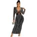 Women's Clothing sexy nightclub hot diamond mesh see-through V-neck long-sleeved long skirt dress for women_ecoleips.com