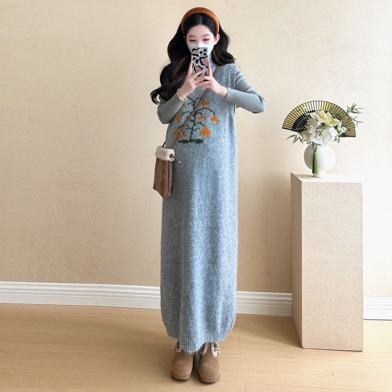 Autumn Winter New Korean Fashion Embroidered Ruffled Maternity Dress_ecoleips.com
