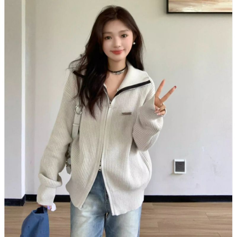 Autumn And Winter Plus-Size Large Plate Design Sense Niche Lazy Style Gray Knitted Cardigan With Sweater Girl_ecoleips.com
