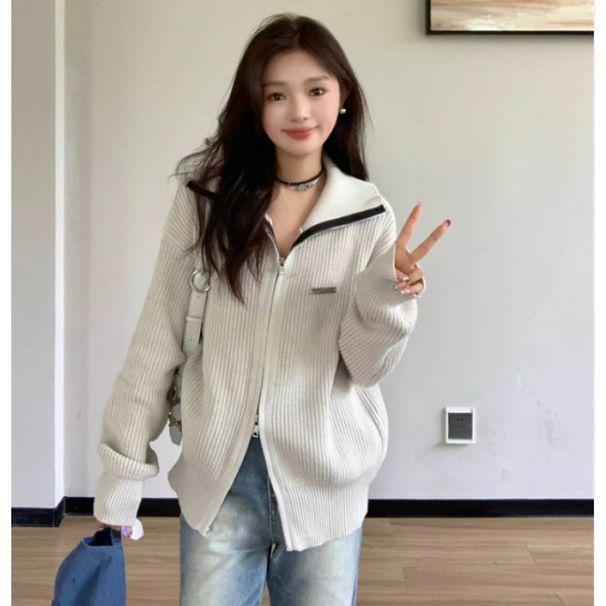 Autumn And Winter Plus-Size Large Plate Design Sense Niche Lazy Style Gray Knitted Cardigan With Sweater Girl_ecoleips.com