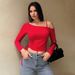Voya Women's Slanted Neck Sweet And Spicy T-shirt With Spring And Summer Exposed Navel Design, Short Red Top For Women_ecoleips.com