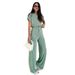 Women's Clothing Women's Spring Summer Solid Color Round Neck Short Sleeve Top With High Waist Wide Leg Pants Fashion Casual Outfit Set_ecoleips.com