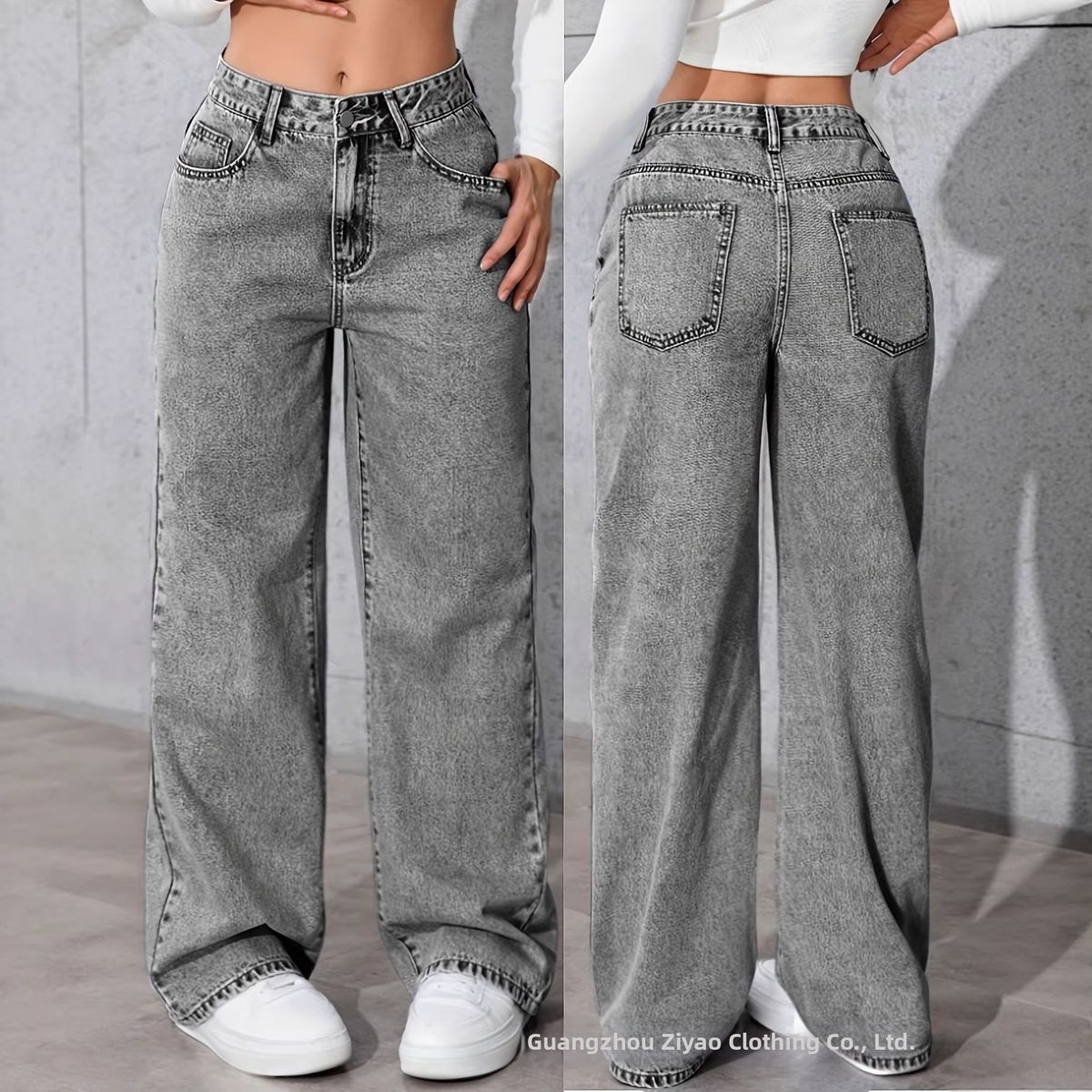 Grey Straight Leg Jeans for Women Stretchy Slimming Floor Length Denim Pants European American Style Hot Selling Cross Border E Commerce Item_ecoleips.com
