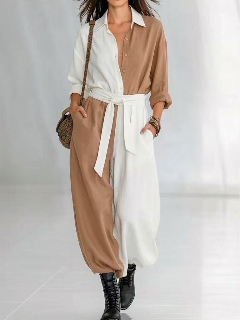 Women's Clothing Spring Fashion Solid Color Patchwork Long Sleeve Shirt With Tie Jumpsuit For Women_ecoleips.com