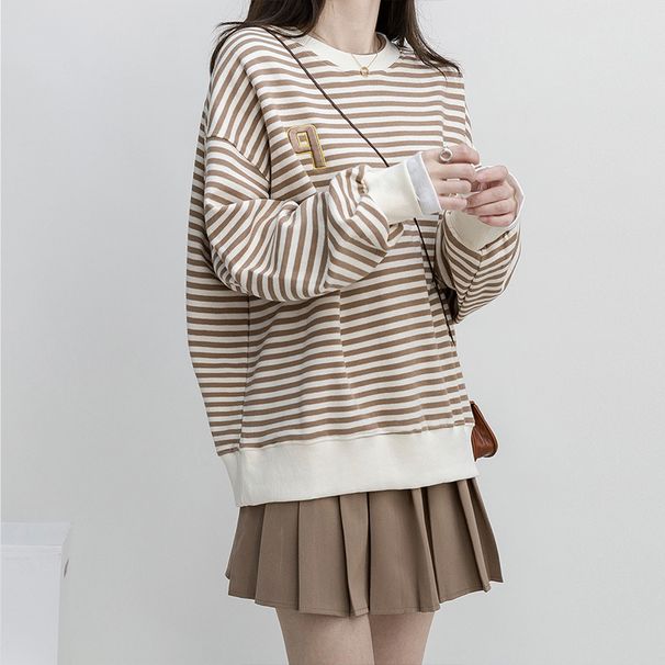 striped Retro Hong Kong Style Thin Sweatshirt For Women, Trendy Ins Early Autumn Women's Top, Korean_ecoleips.com