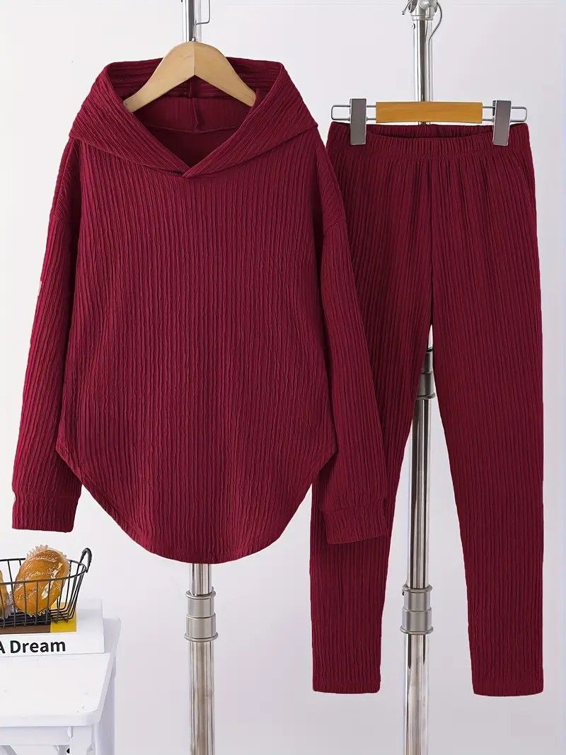 Women's Hooded Sweatshirt & Jogger Set – Cozy Fall/Winter Lounge Outfit, Soft Polyester Fleece Two-Piece (Black, Grey, Wine Red, S-Xxl)_ecoleips.com
