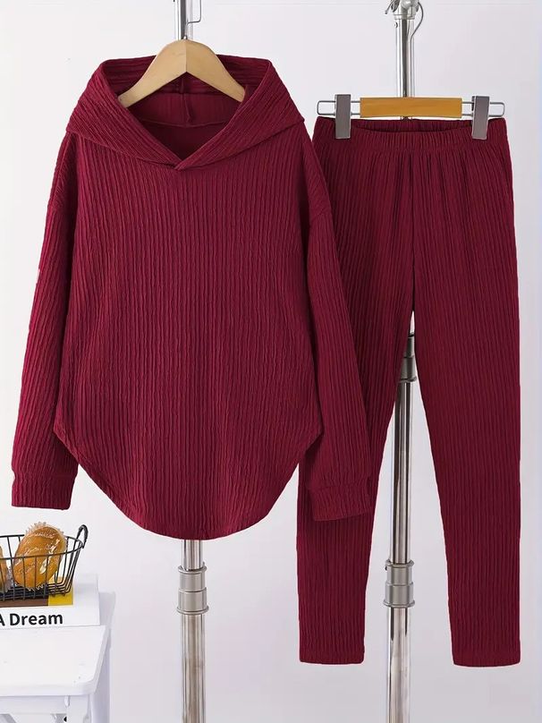 Women's Hooded Sweatshirt & Jogger Set – Cozy Fall/Winter Lounge Outfit, Soft Polyester Fleece Two-Piece (Black, Grey, Wine Red, S-Xxl)_ecoleips.com