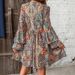 2025 European American Cross-border Autumn And Winter New Fashion Elegant Women's Printed V-neck Bell-sleeve Dress_ecoleips.com