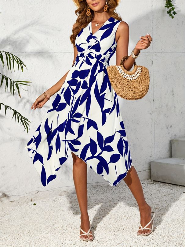 Women's Clothing Long Sleeveless Midi Skirt Leaf Print Twist Irregular Dress Spring And Summer Women's Design Sense_ecoleips.com