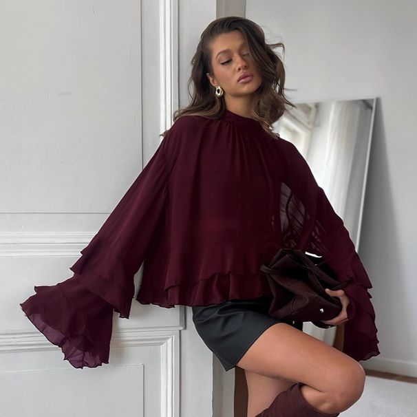 Women's Brown Ruffled Chiffon Top High End Lace Stand Collar Shirt For Spring Commuting_ecoleips.com