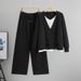Women’s Knit Sweater & Wide-Leg Pants Set – Oversized Cardigan & High-Waisted Trousers – Color-Blocked Office-to-Weekend Coord (Khaki/Black/Gray)_ecoleips.com
