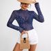 Elegant Women's Mesh Print Stand Collar Top Long Sleeve Short T-Shirt Spring 2026 New Arrival From European And American Brands_ecoleips.com
