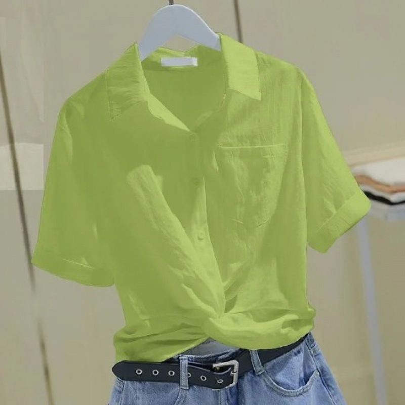 Women's Short Sleeve Polo Shirt - Korean Loose Fit Cropped Blouse With Pleated Detail (White/Green/Blue/Yellow, Summer)_ecoleips.com