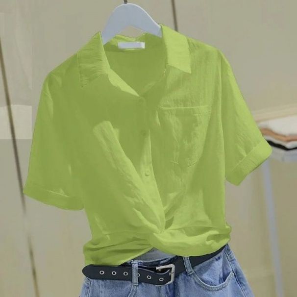 Women's Short Sleeve Polo Shirt - Korean Loose Fit Cropped Blouse With Pleated Detail (White/Green/Blue/Yellow, Summer)_ecoleips.com
