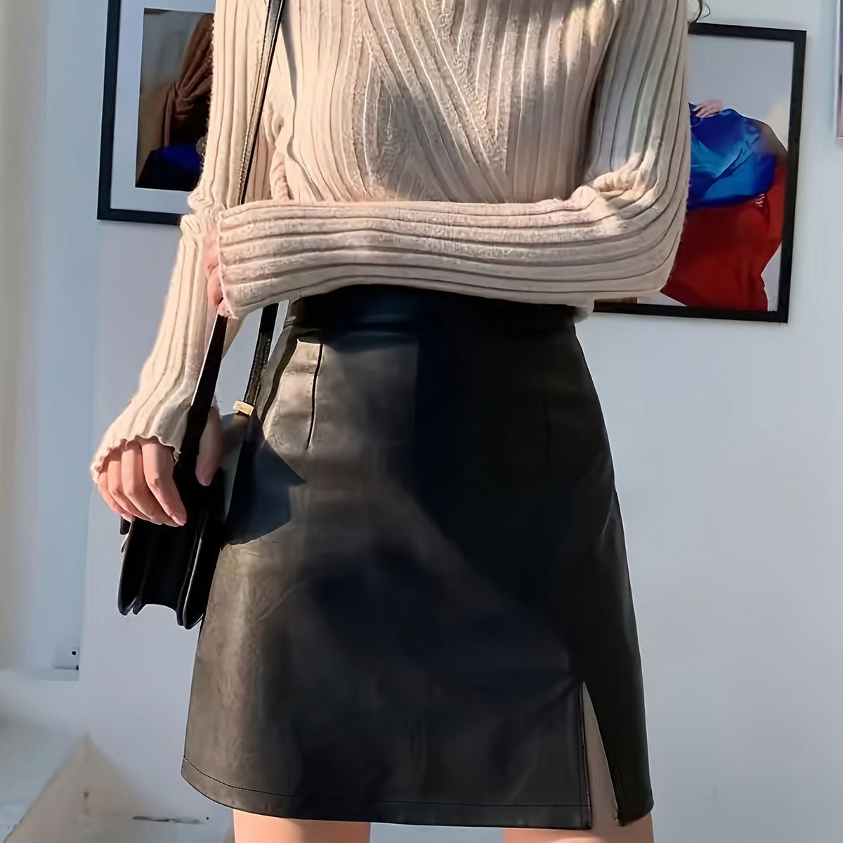 Verve -53615 # Women's INS Autumn Winter New A-line Slim Fit PU Leather Short Skirt_ecoleips.com