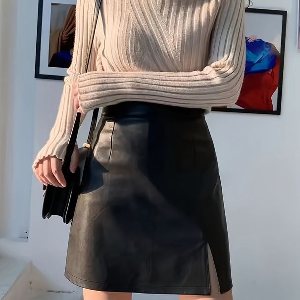 Verve -53615 # Women's INS Autumn Winter New A-line Slim Fit PU Leather Short Skirt_ecoleips.com