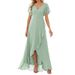 Women's Clothing Double V Neck Backless Chiffon Dress Solid Color Short Sleeved Long Dress Banquet Bridesmaid Evening Dress_ecoleips.com