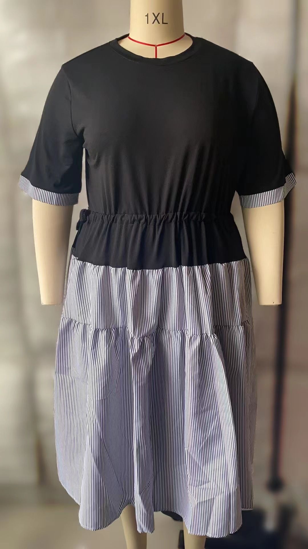 Women's Clothing New Large Size Women's Clothing Knitted Round Neck Splicing Striped Fat MM Waist Dress_ecoleips.com