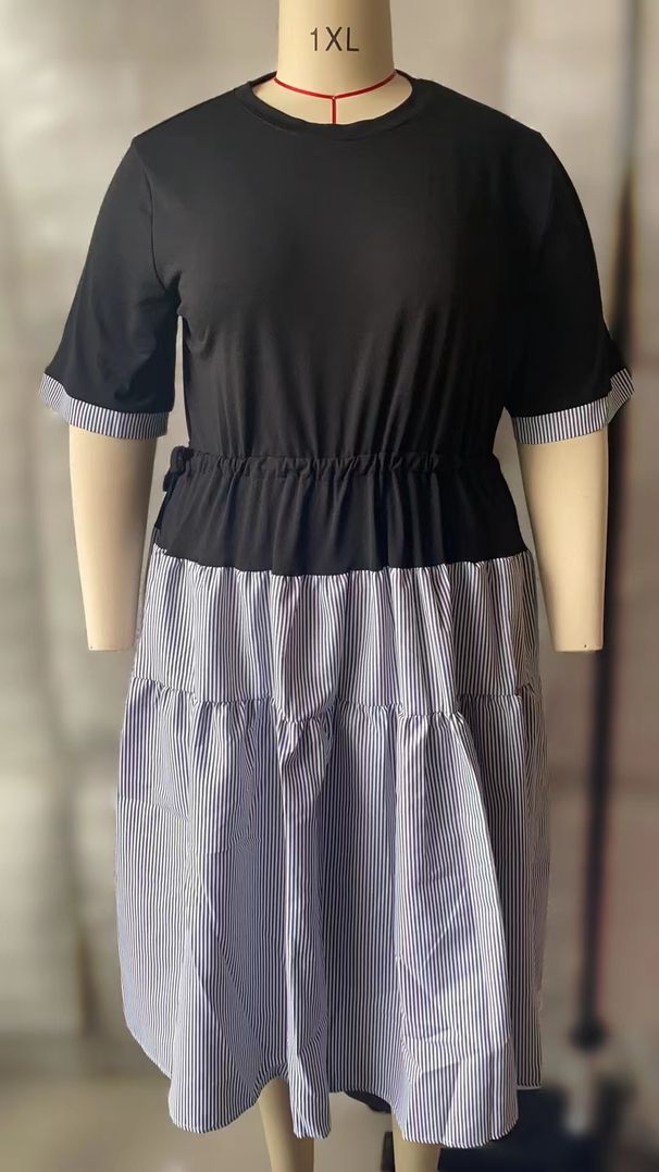 Women's Clothing New Large Size Women's Clothing Knitted Round Neck Splicing Striped Fat MM Waist Dress_ecoleips.com