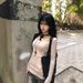 Women's Slim Fit Long Sleeve T-Shirt Patchwork Appliqué off Shoulder Base Shirt Khaki European American Style Summer New Arrival_ecoleips.com