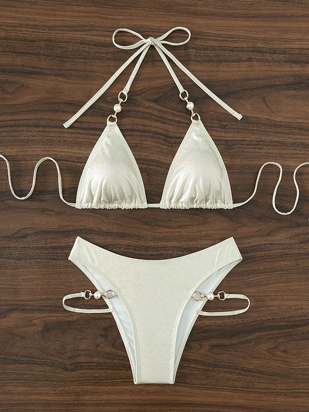 Women's Clothing New Bikini Women's Sexy Two Piece Swimsuit Gold Stamped Triangle Bag Pearl Jewelry Swimsuit_ecoleips.com
