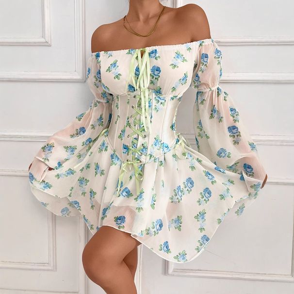 Cross-border European American Women's Fashion Floral Print Dress, Strapless Off-shoulder Long-sleeve Dress With_ecoleips.com