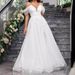 Women's Clothing Solid Color V Neck Sling Mesh Wedding Elegant Slim Big Swing Wedding Ladies Wedding Dress Evening Dress_ecoleips.com