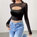 European And American Cross-border 2026 New Sexy Front-cutout Mesh Splicing Long-sleeve Short T-shirt Slimming Top For_ecoleips.com