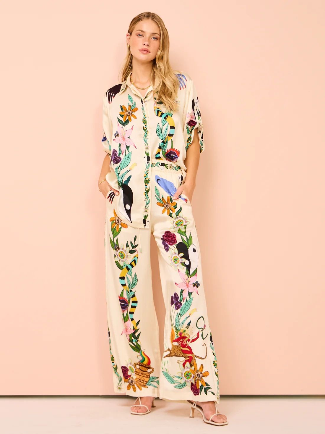 Women's clothing satin printed temperament short-sleeved shirt + trousers two-piece set_ecoleips.com